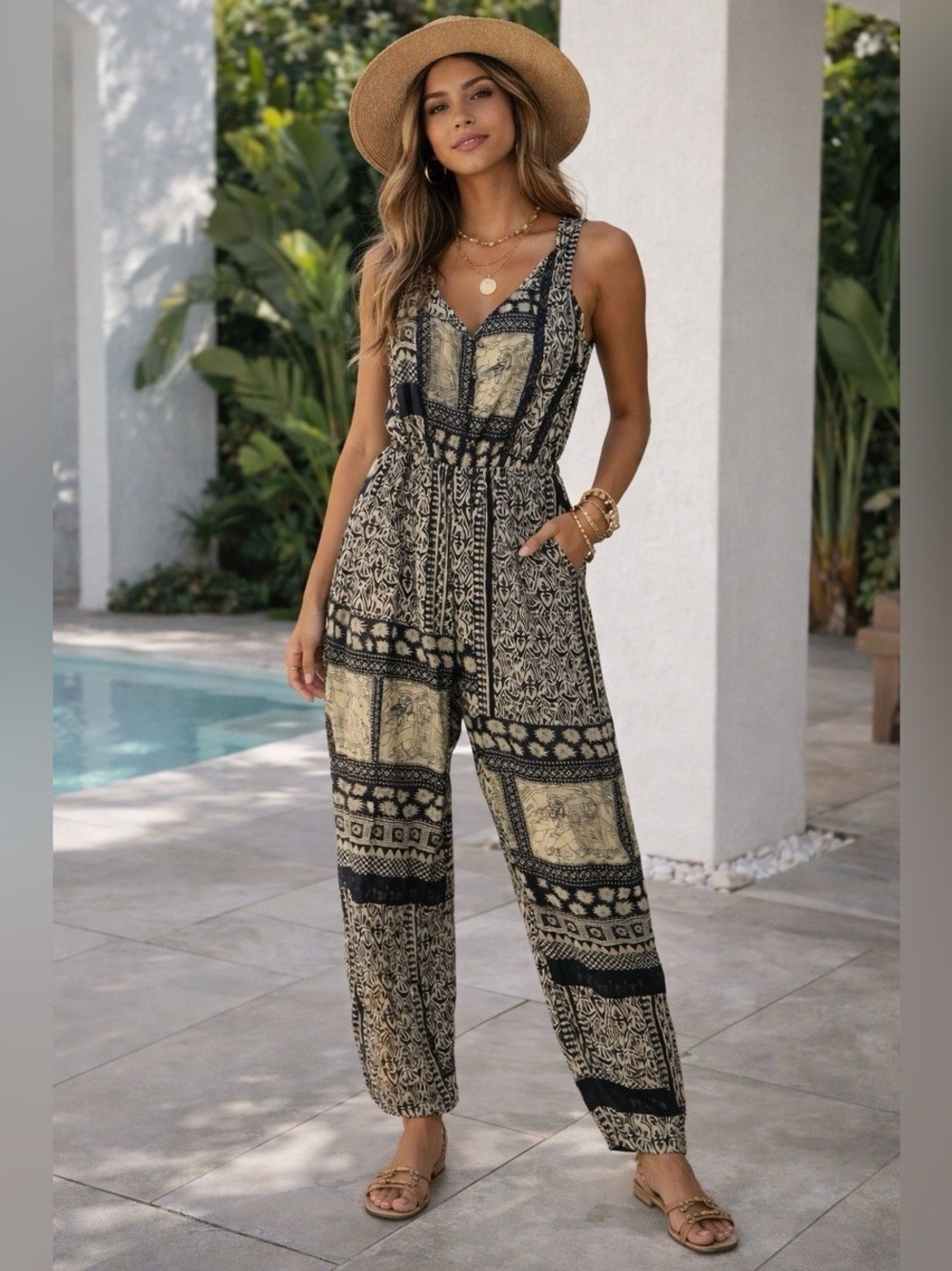 Vintage Zimmermann Tribal Jumpsuit Sz 1 Cream Black Print
